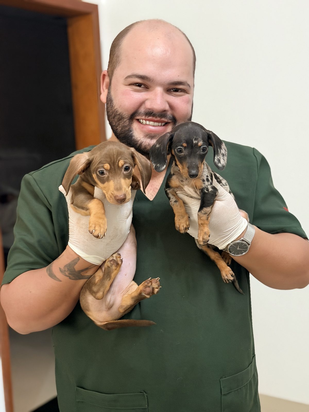 Veterinário da Vetconfort segurando dois filhotes de cachorro no colo